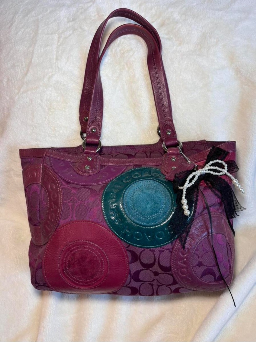 2010 Coach Signature Canvas Suede Patchwork Circle Tote Shoulder Bag 15466
